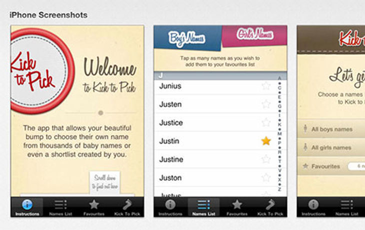 Die iPhone App «Kick to Pick» hilft Eltern, den passenden Vornamen für ihr Baby zu finden.