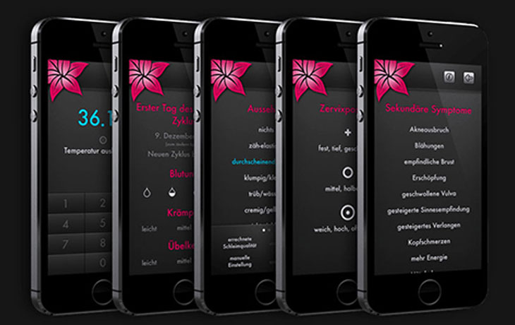 Das Bild zeigt fünf iPhones mit je einem Screenshot der App «Lily Pro».